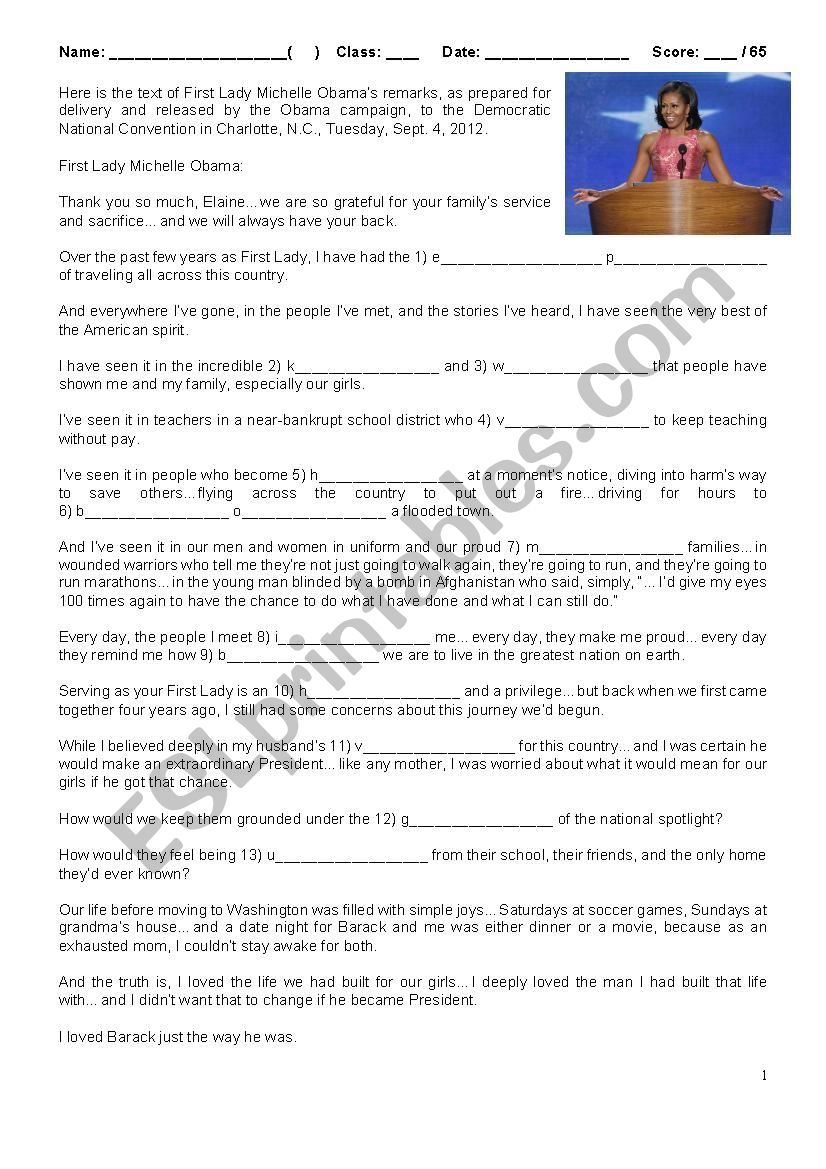 Michelle ObamaÂ´s DNC Speech (Blank-filling exercise)