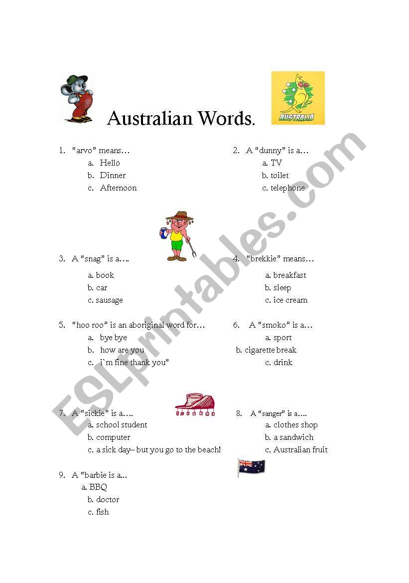 Vibrere Rubin Whirlpool Australian Words - Aussie Slang! - ESL worksheet by deepimpact