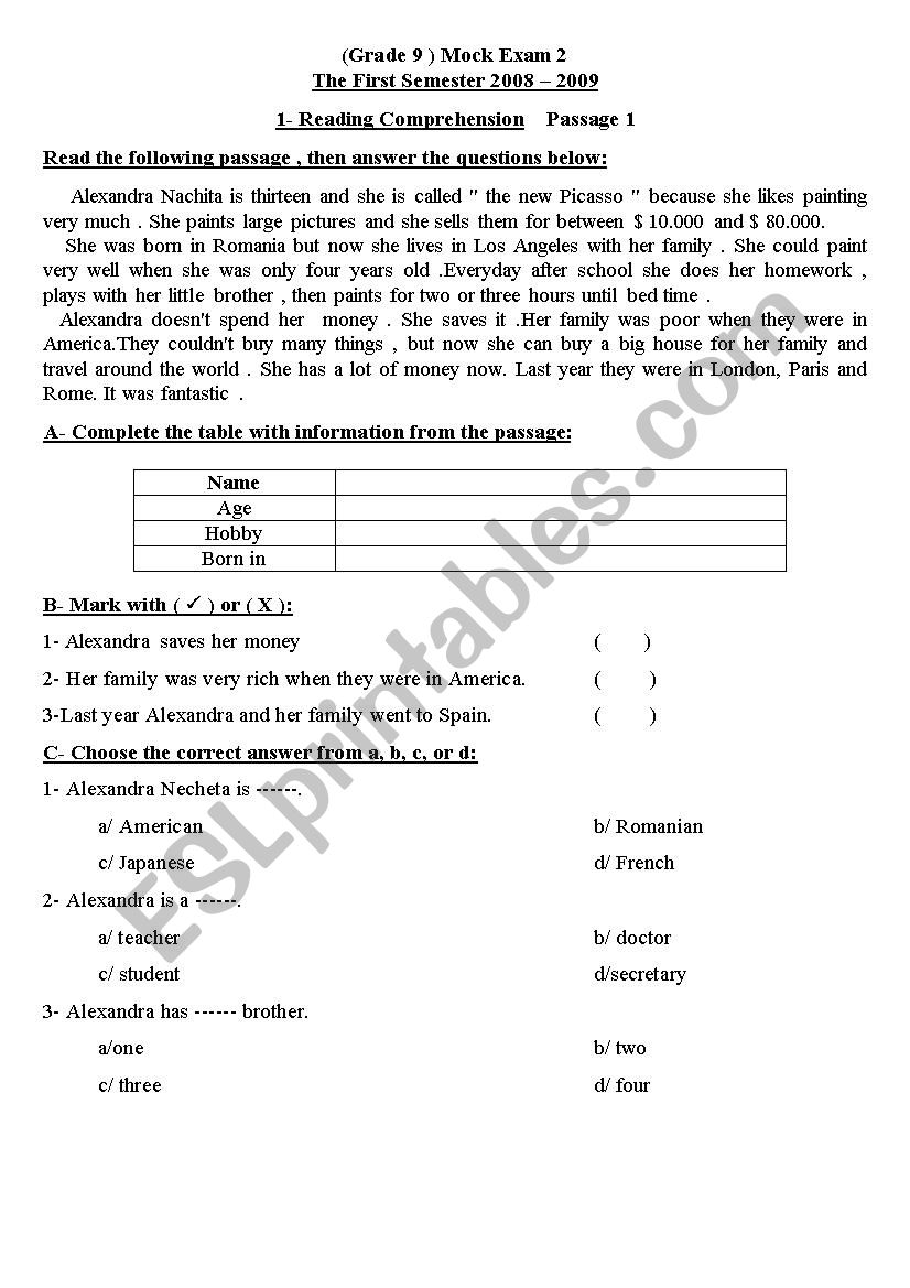 Reading Comprehension worksheet