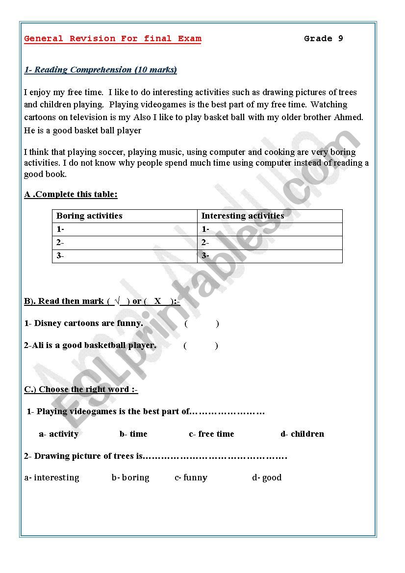 Reading comprehension worksheet