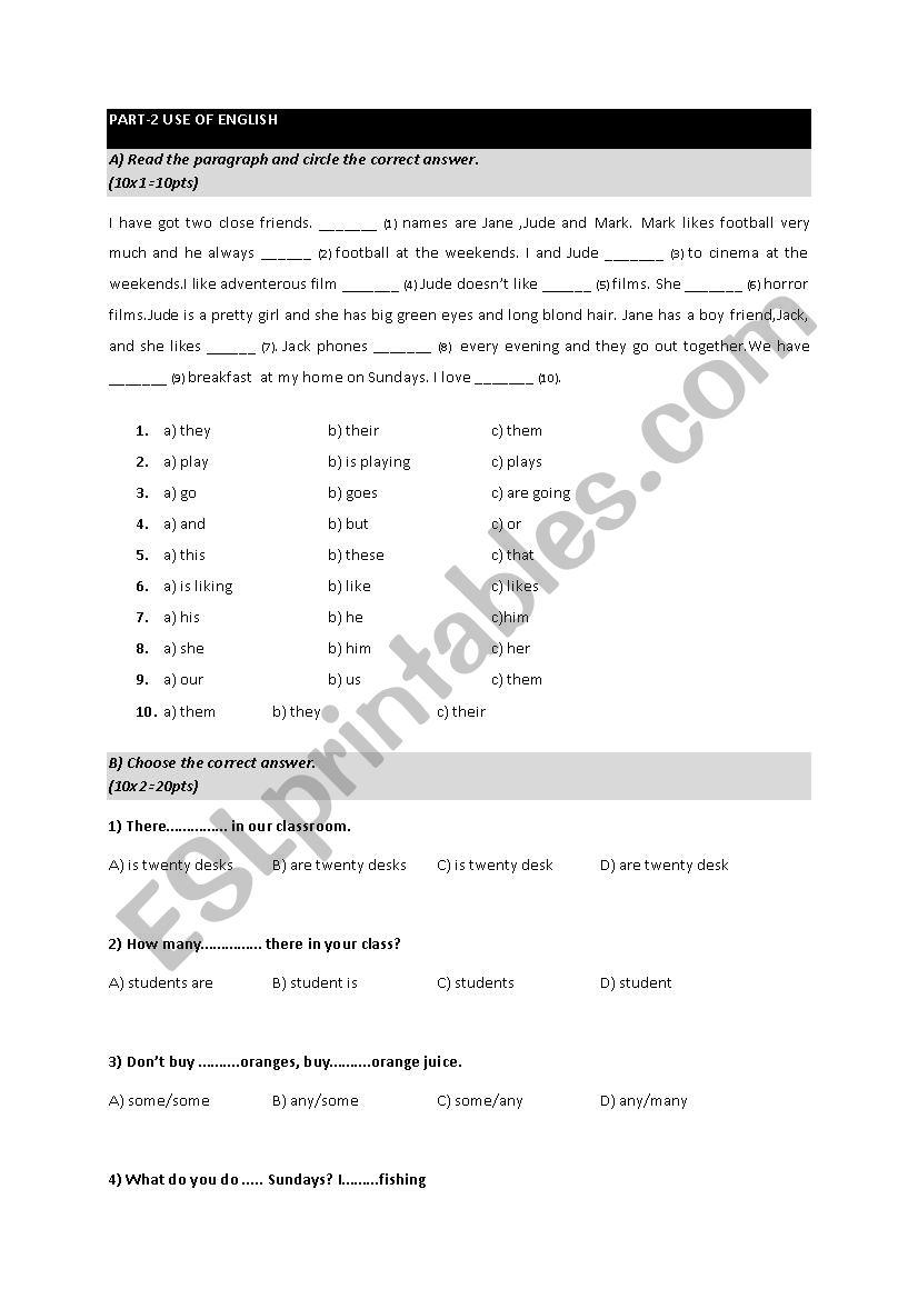 grammar and reading exam worksheet