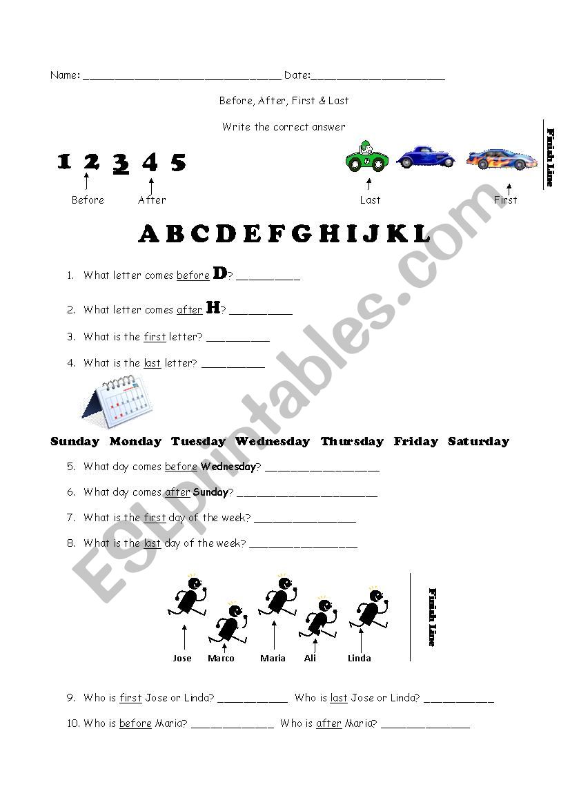 Before, After, First & Last worksheet