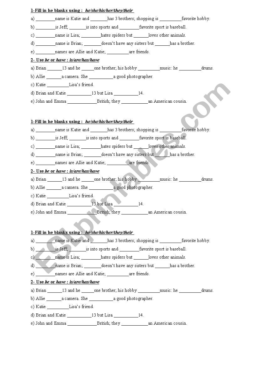 basic exercises- possessives; pronouns, be 