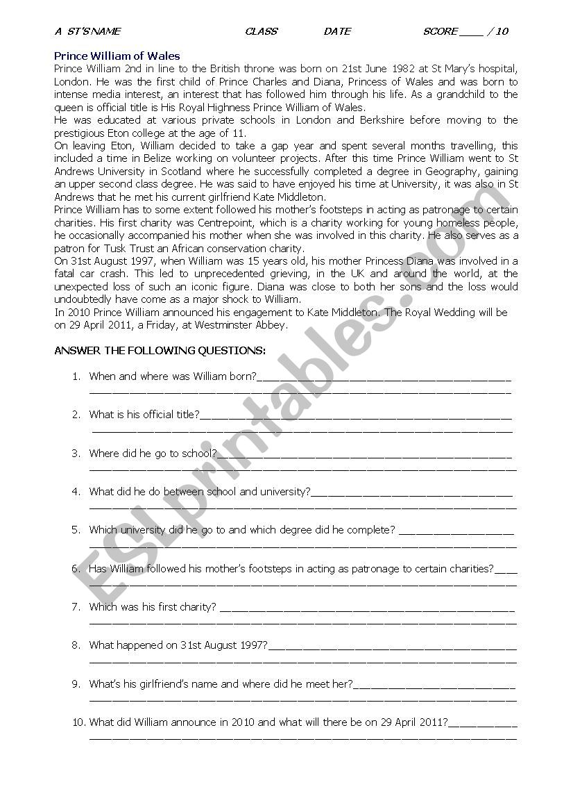 PRINCE WILLIAMS BIOGRAPHY worksheet