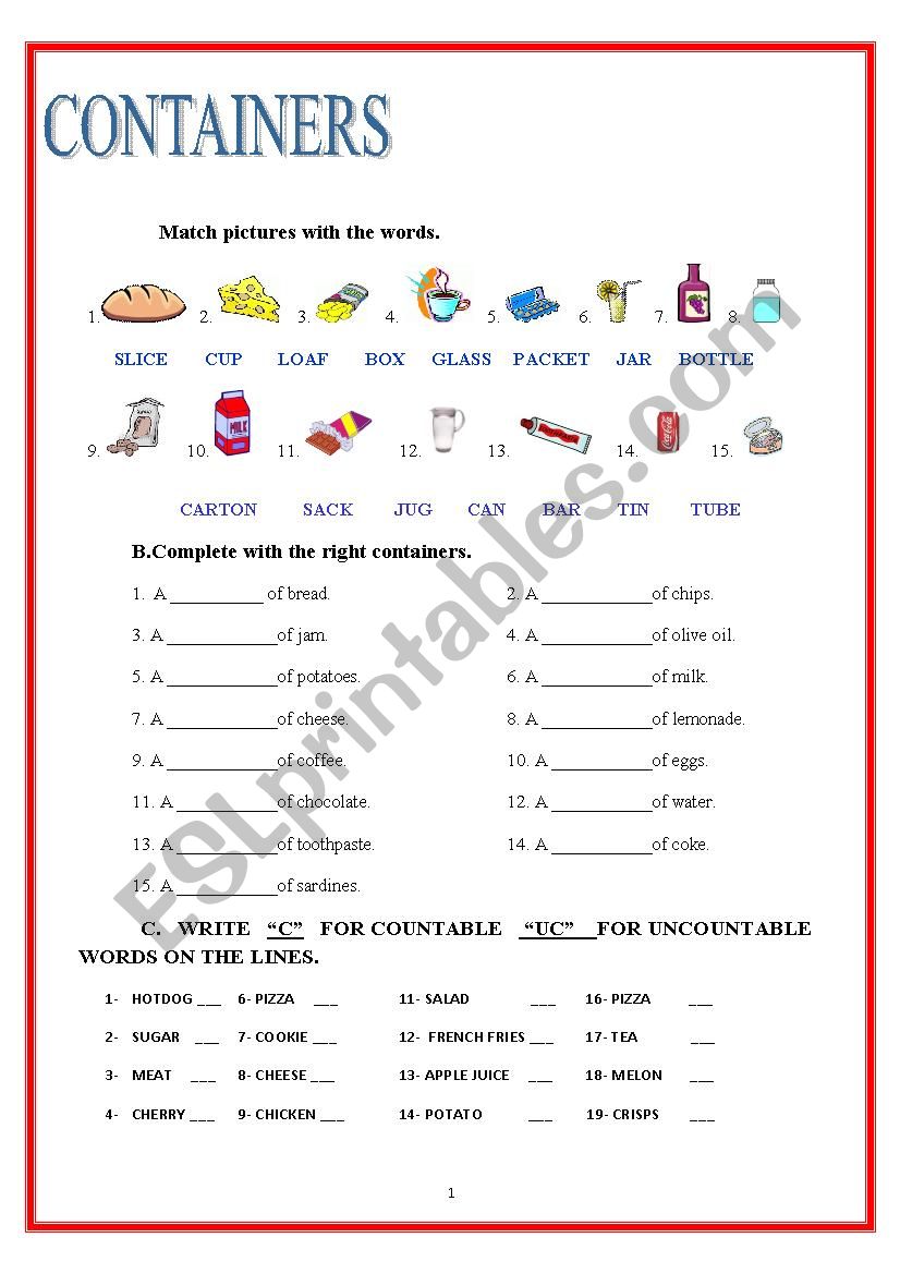 UNCOUNTABLE AND COUNTABLE  worksheet