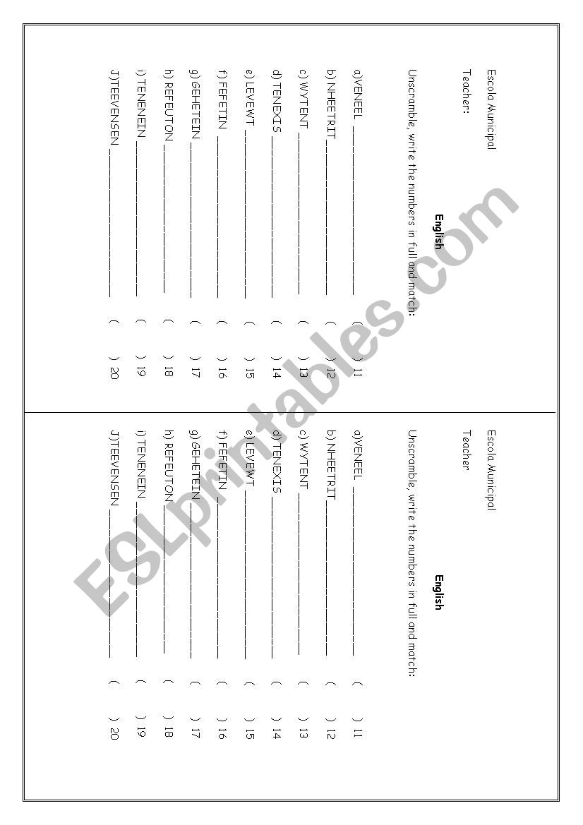 Numbers from 11 to 20 worksheet