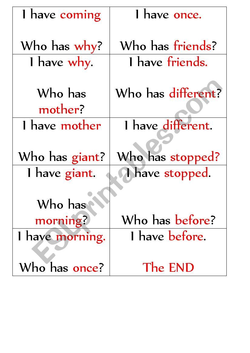 Frequent words loop cards worksheet