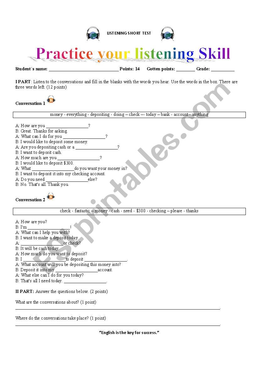 Listening short test worksheet