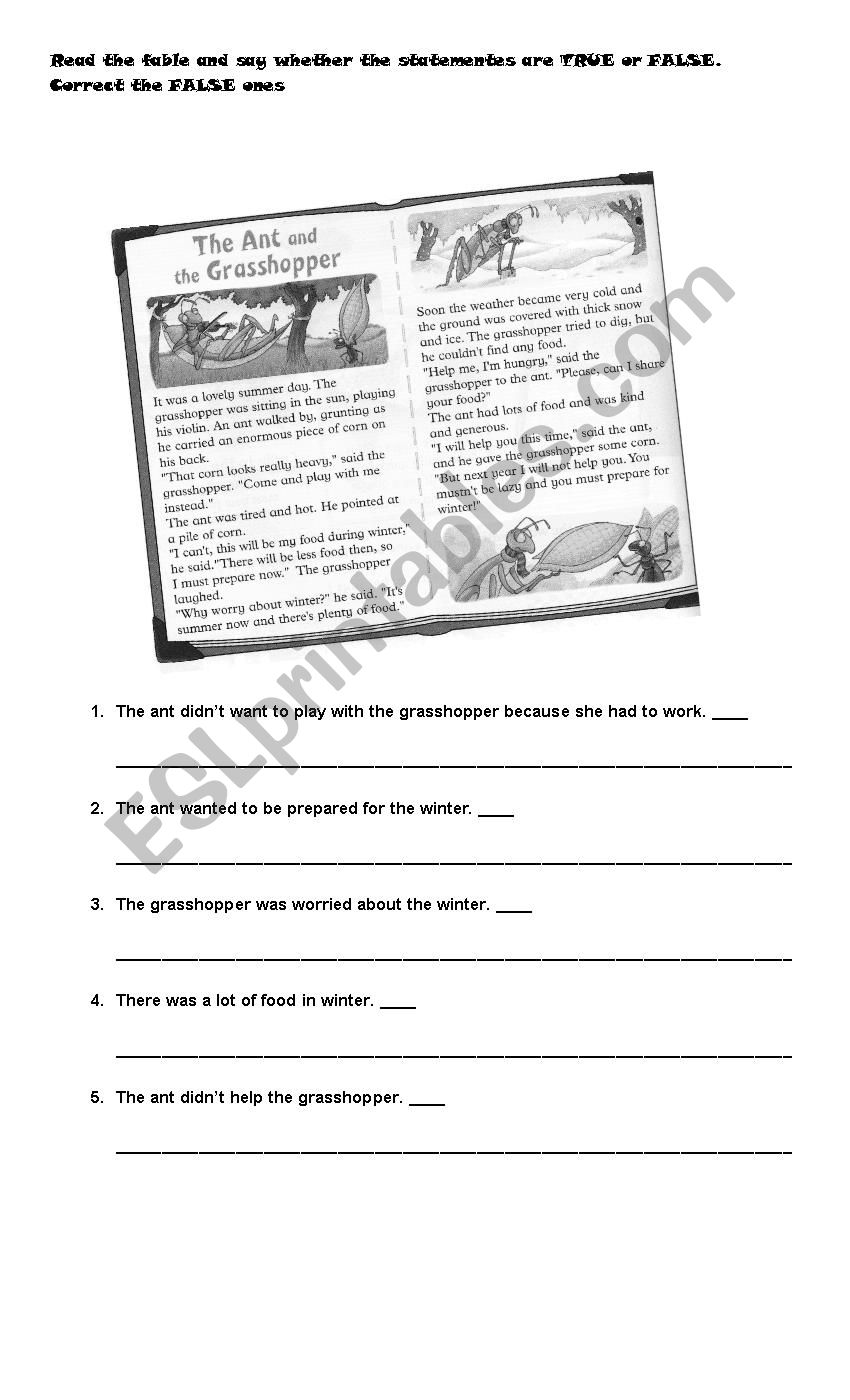 The Ant and the Grasshopper worksheet