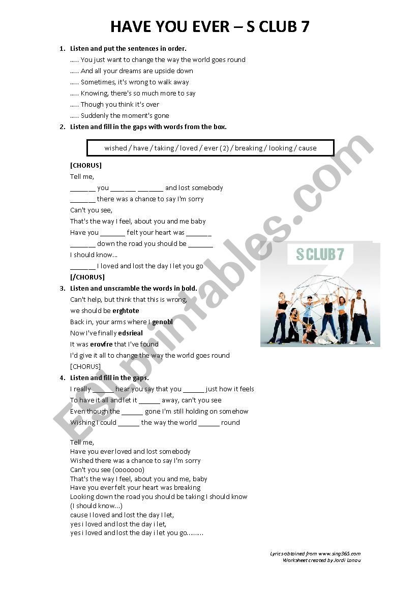 S Club 7 - Have you ever song worksheet