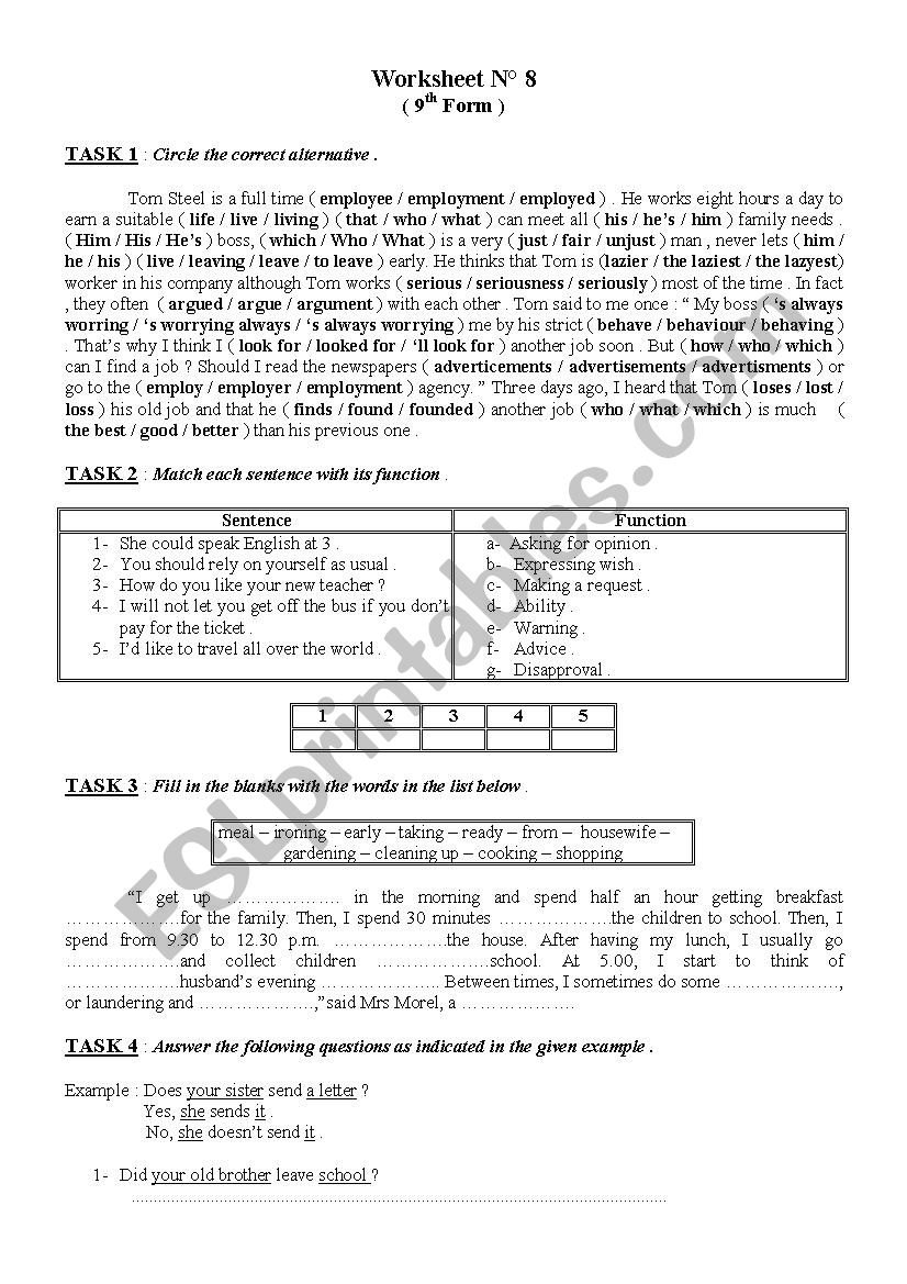 9th Form worksheet 8 worksheet