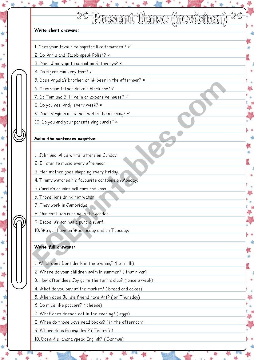 present tense-revision worksheet