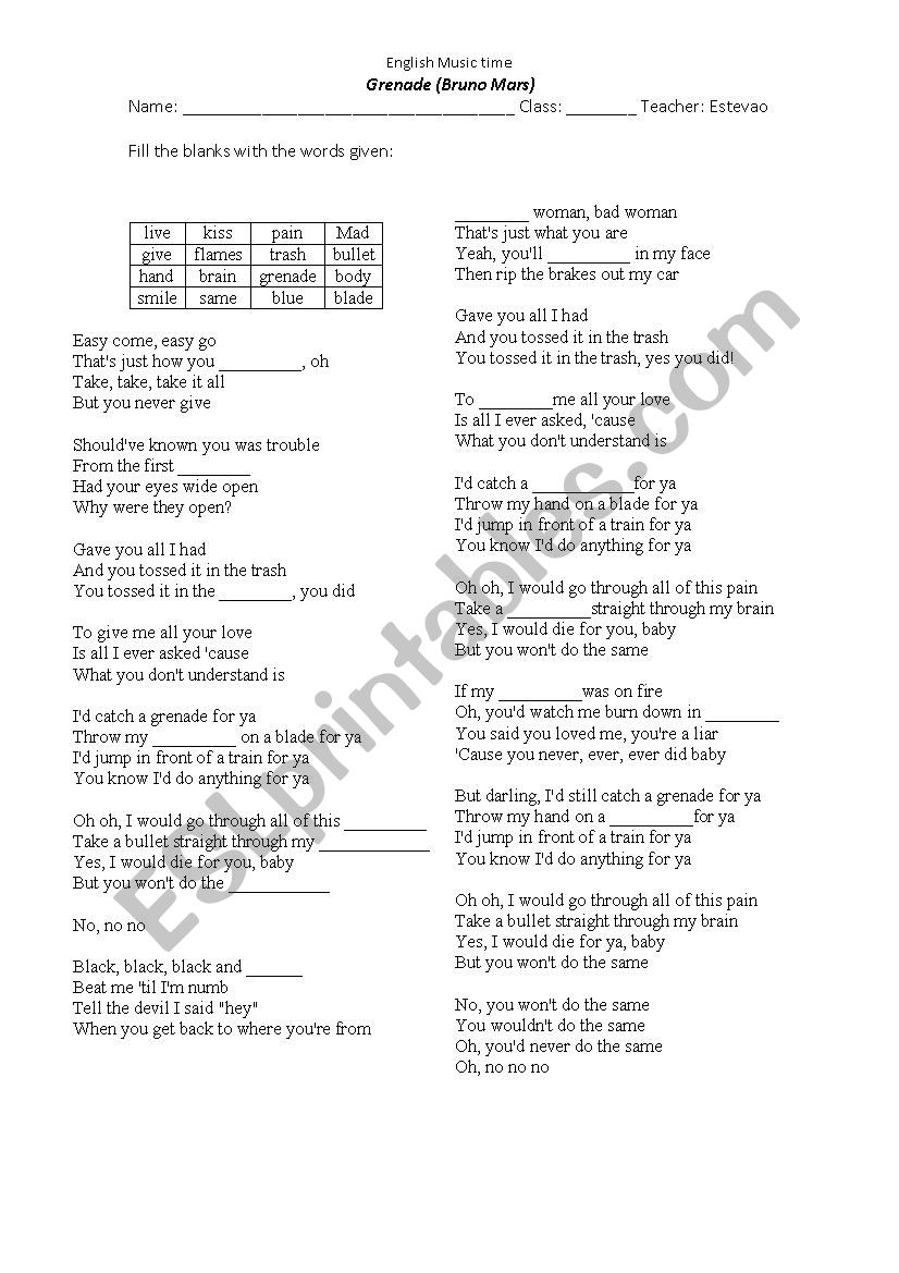 Grenade by Bruno Mars worksheet