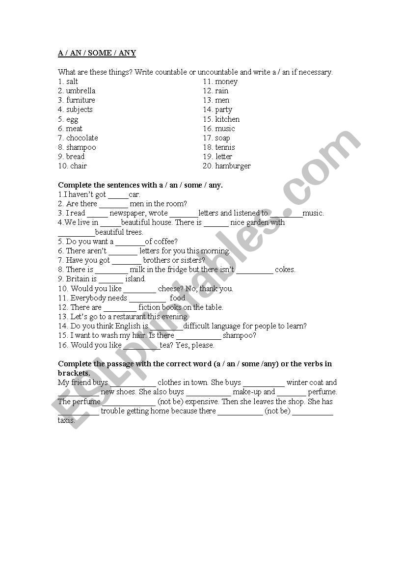 COUNTABLES AND UNCOUNTABLES (A / AN / SOME / ANY)