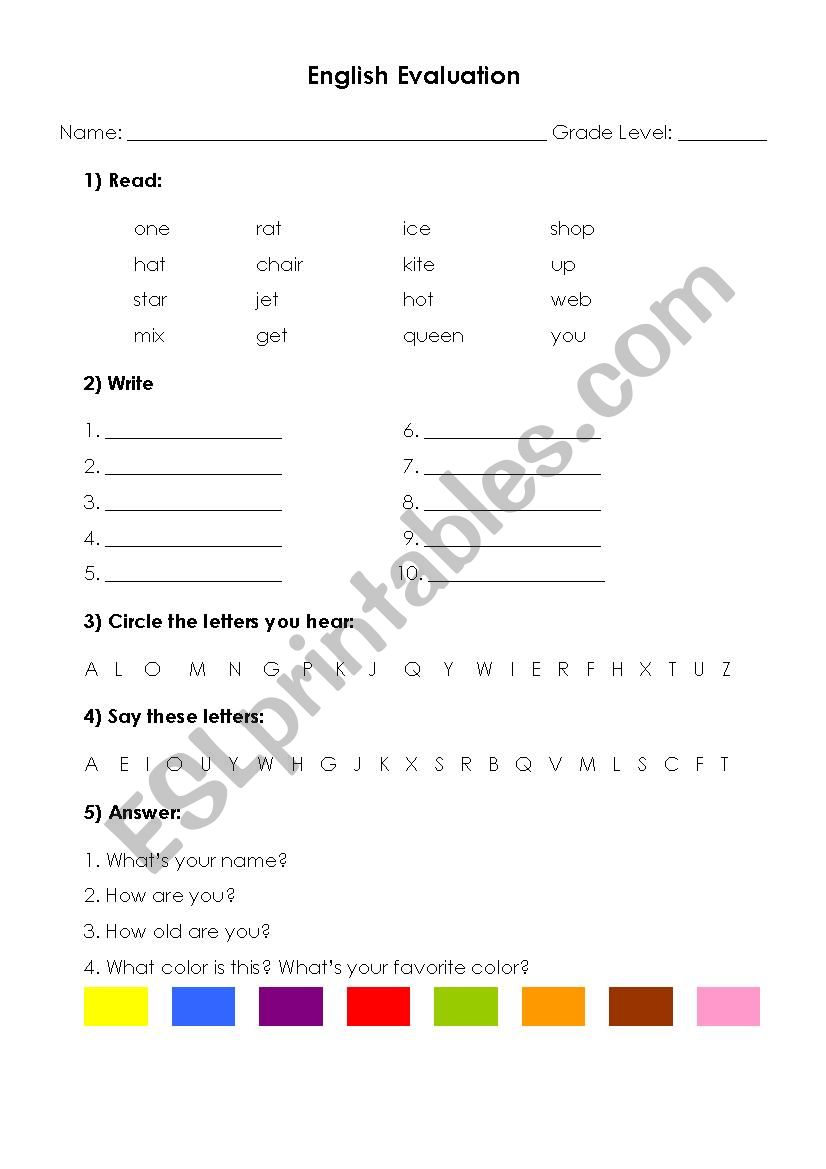 English Evaluation  worksheet