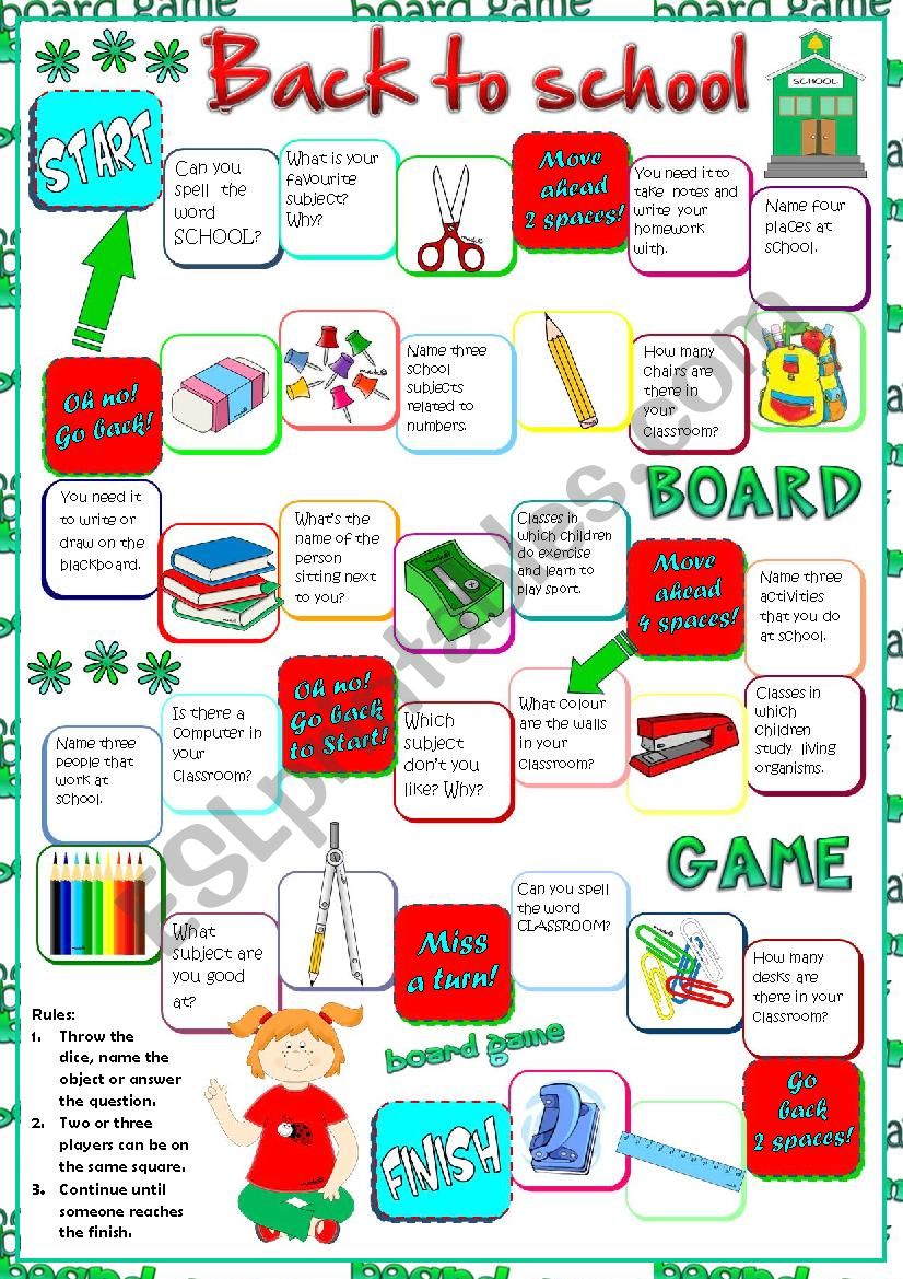 Back to school - board game worksheet