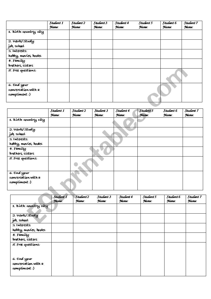 speed dating worksheet