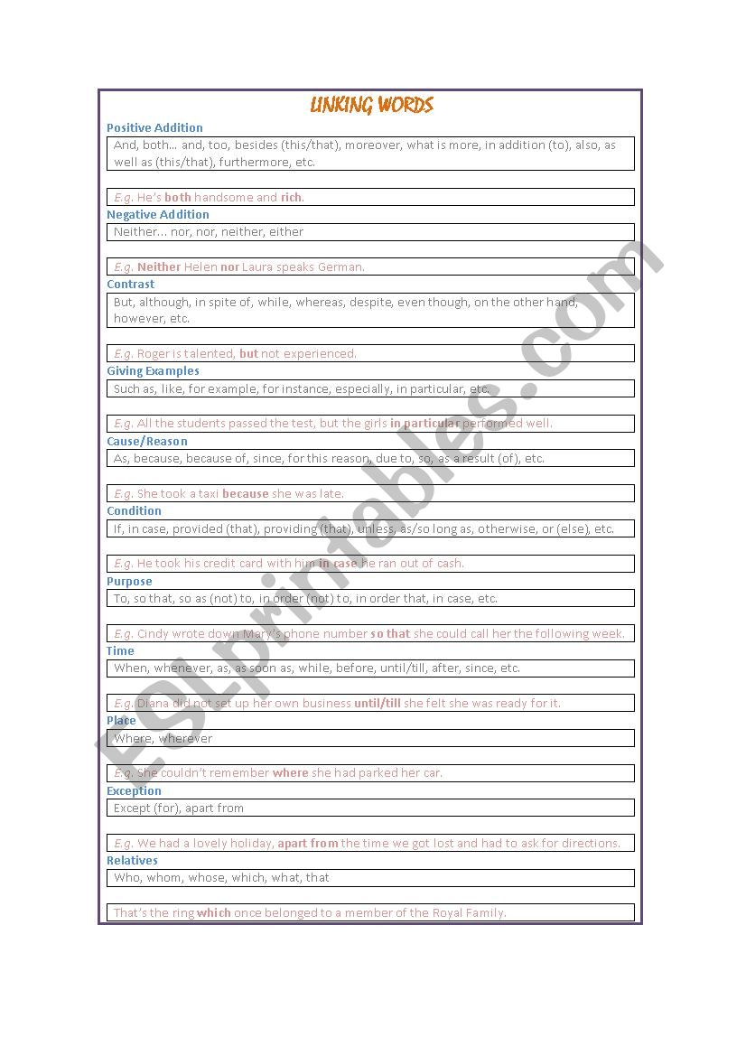 Linking words worksheet