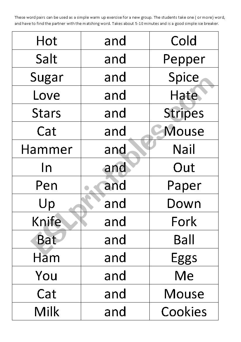 Easy word pairs ice breaker activity