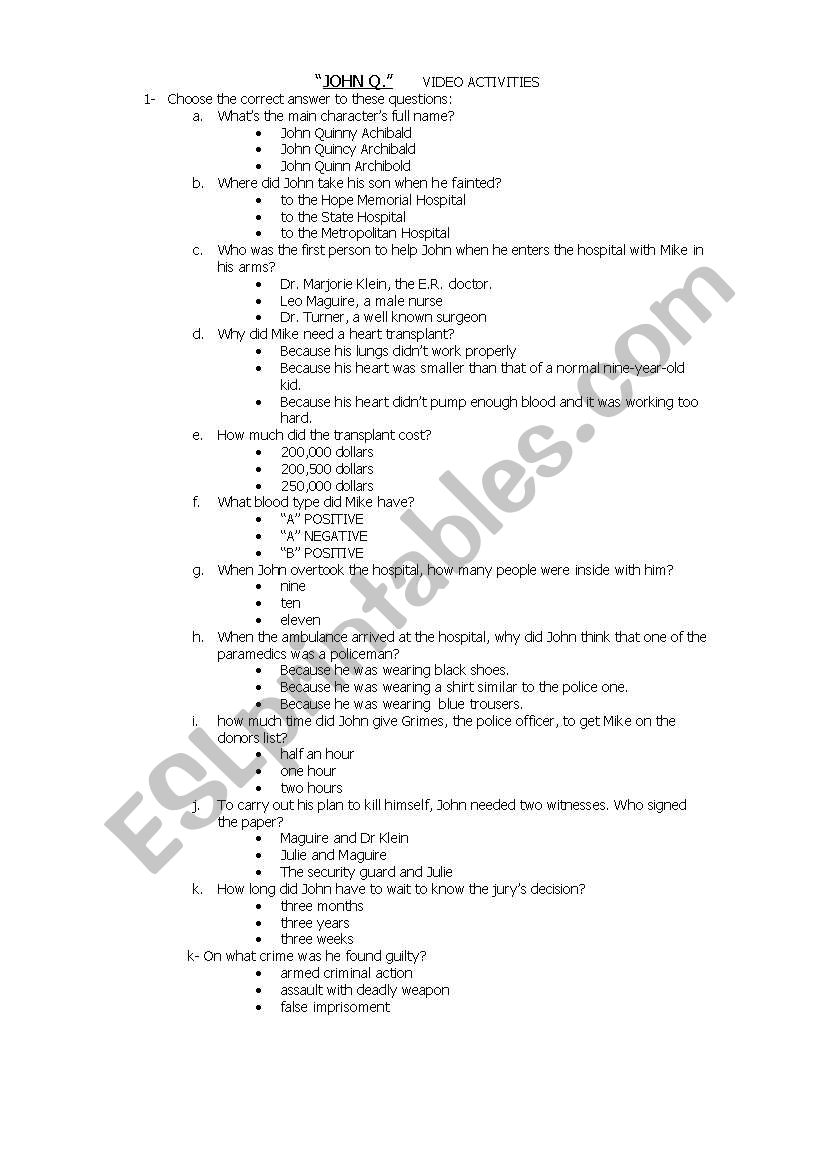 John Q.- movie activities worksheet