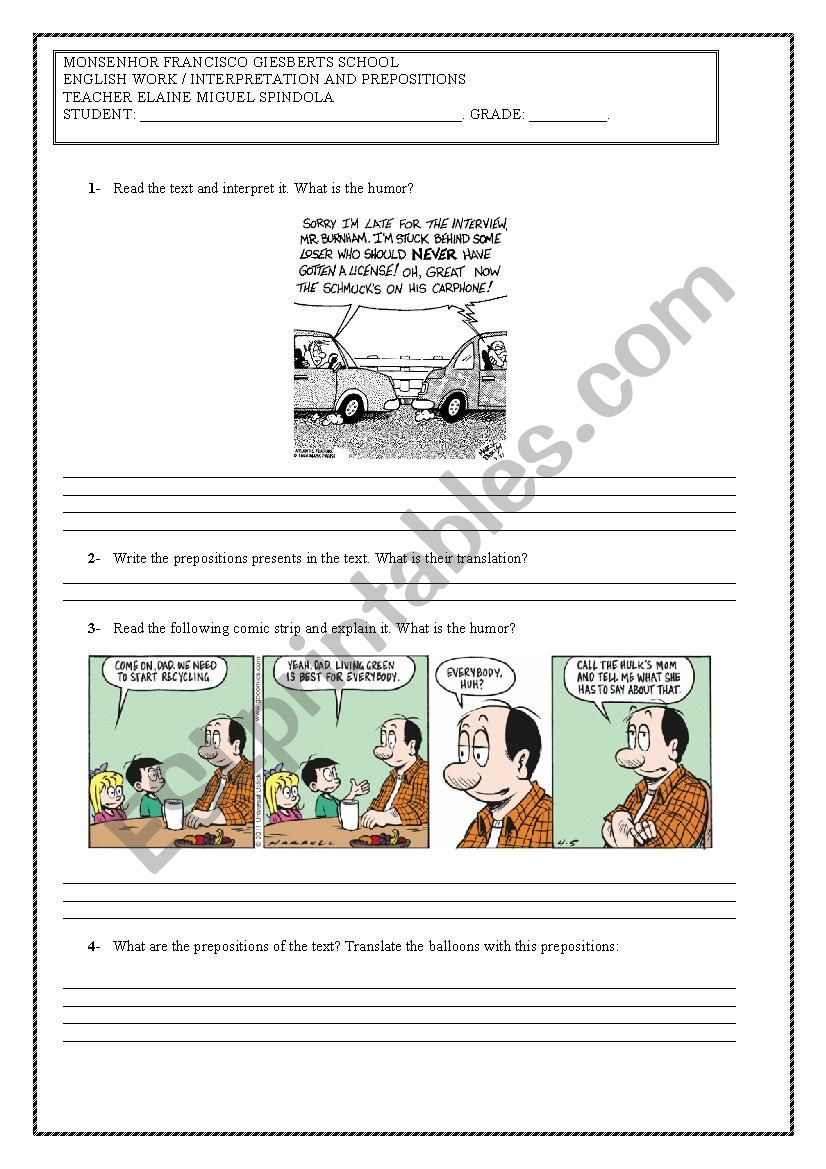 Prepositions comic strips worksheet