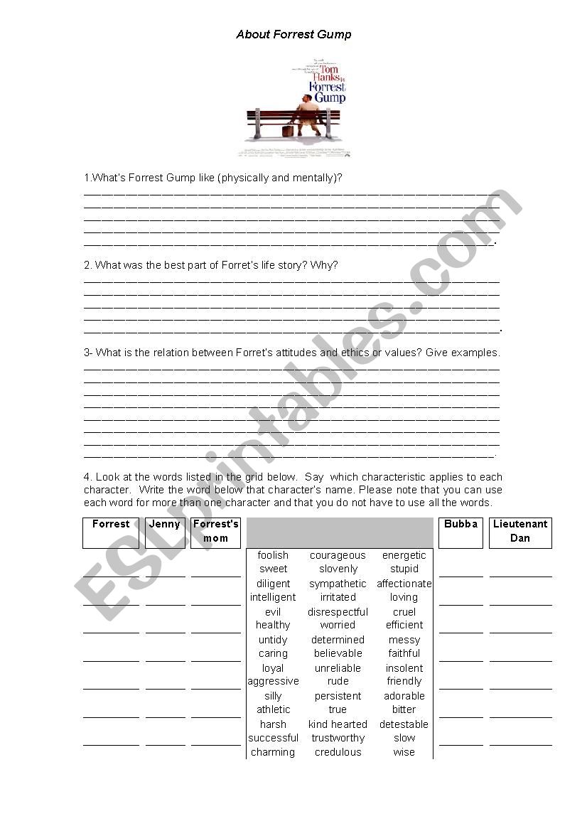 Adjectives  Forrest Gump worksheet