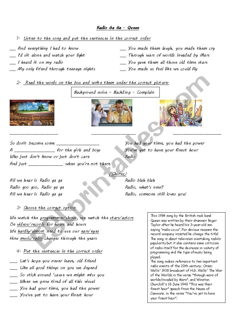 Song Worksheet - Radio Ga Ga by Queen