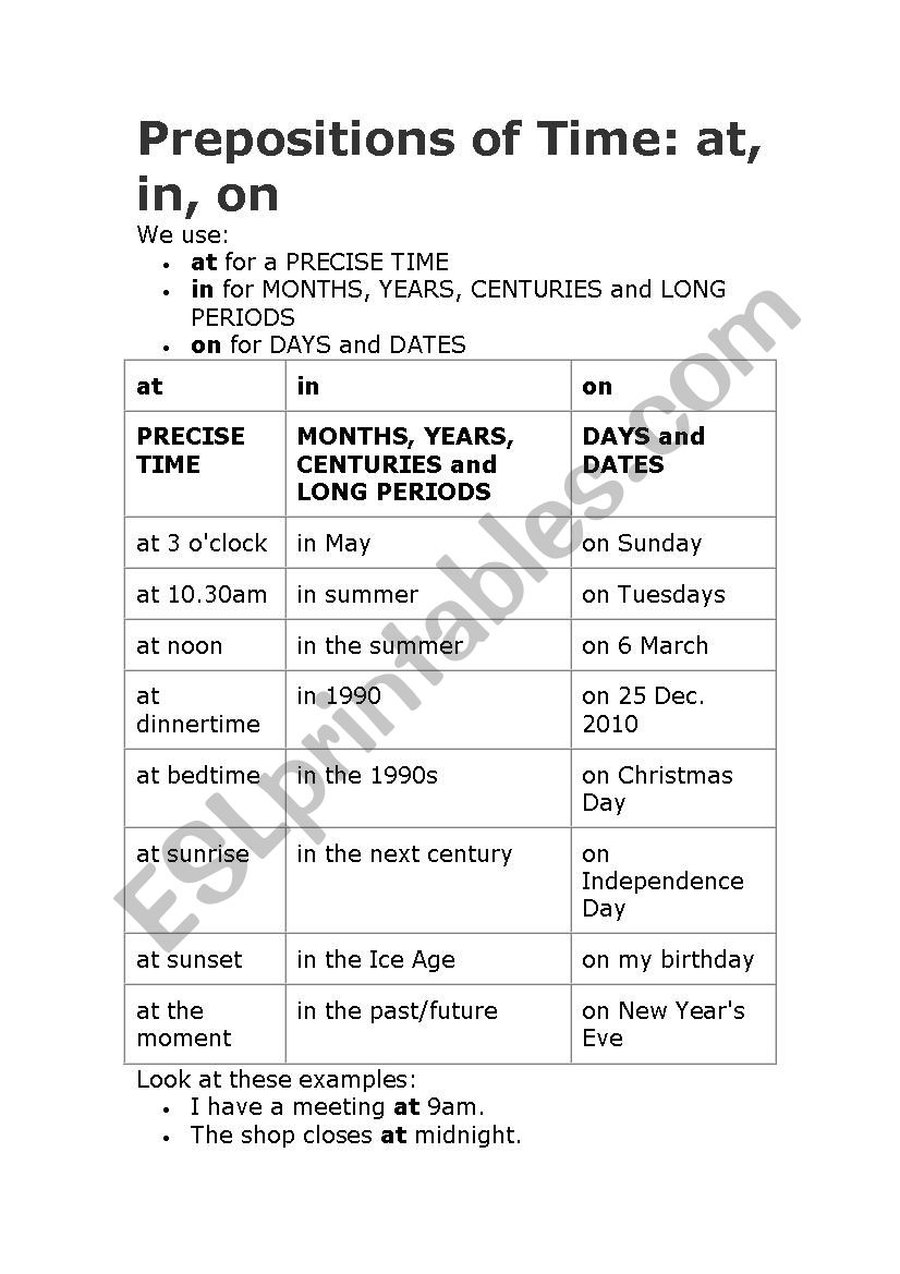 PREPOSITIONS ON, IN, AT worksheet