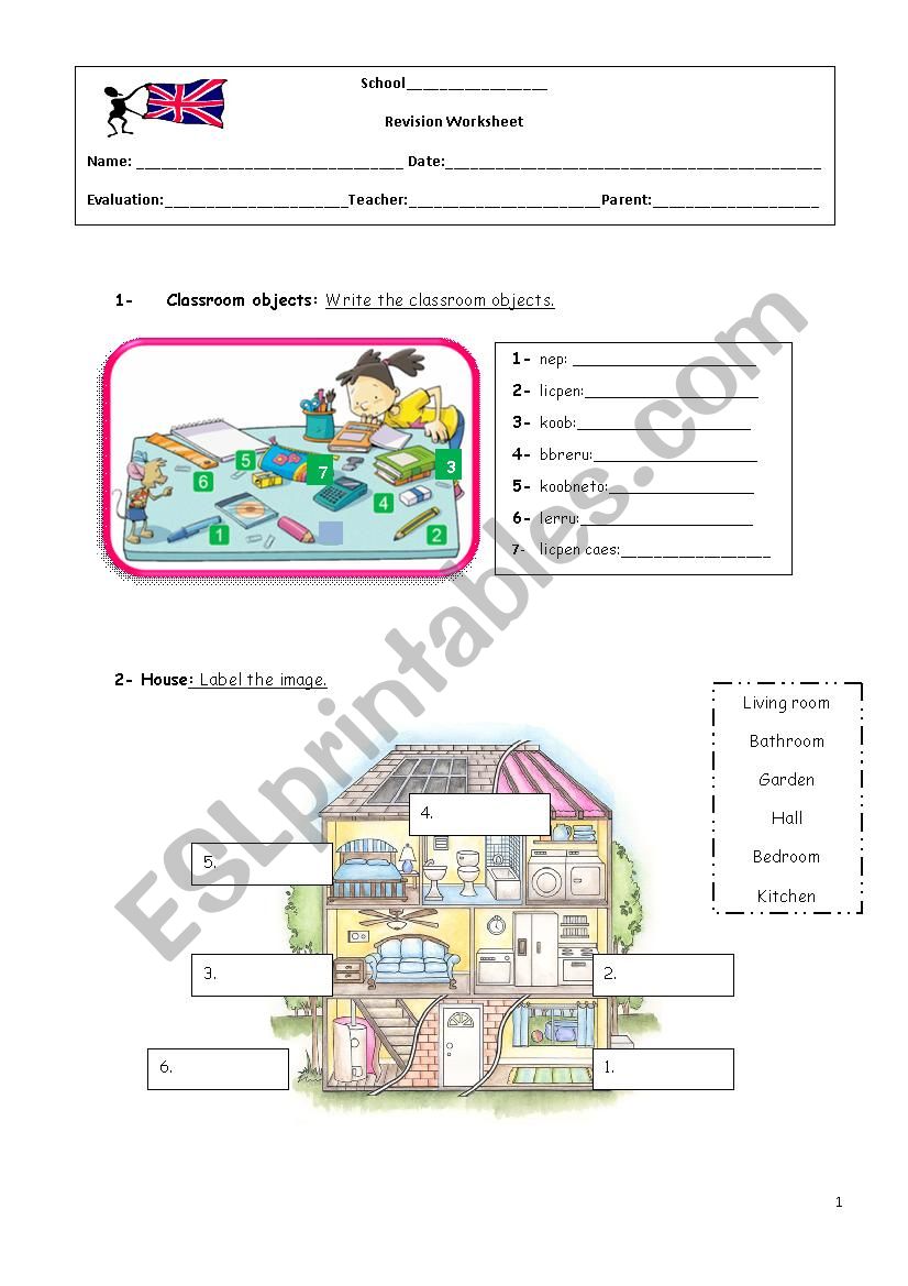 School objects and House worksheet