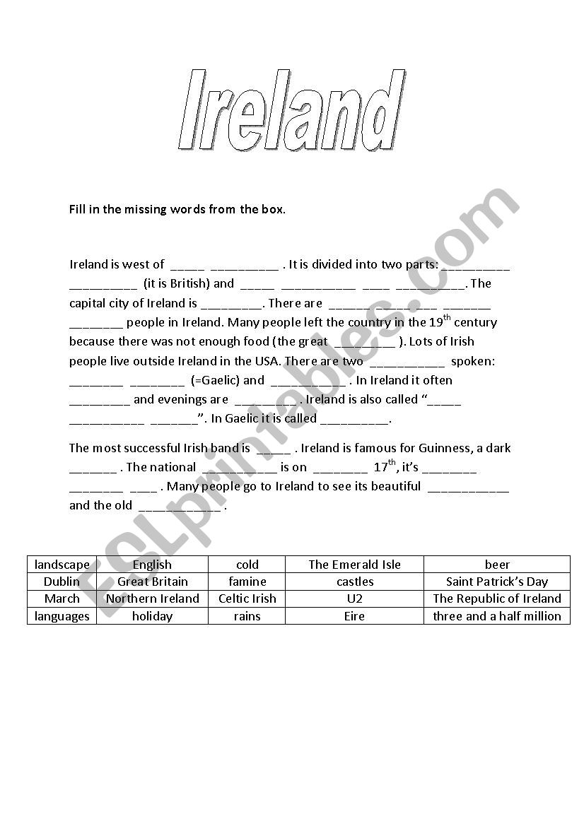 Ireland Cloze worksheet