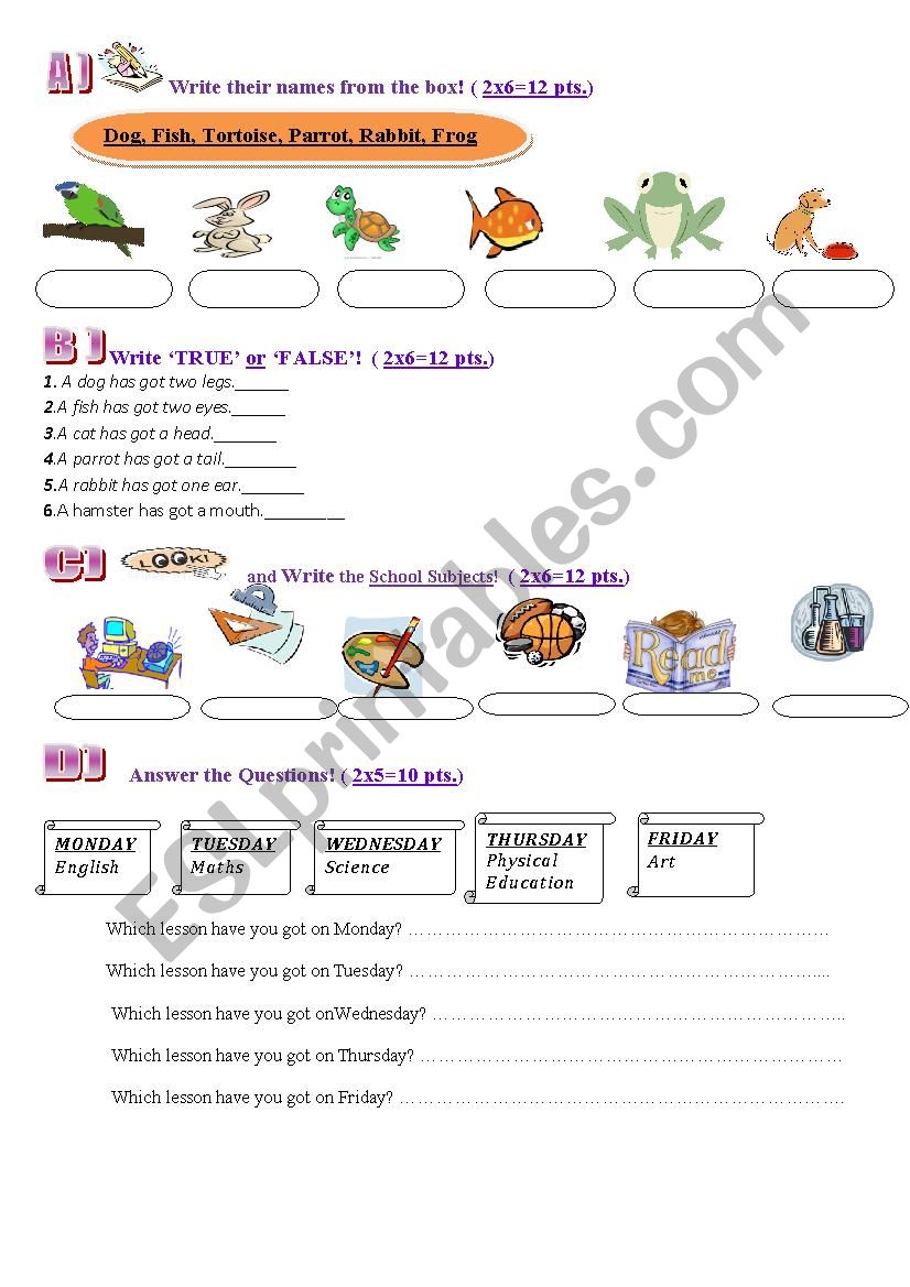 mixed worksheet for young learners