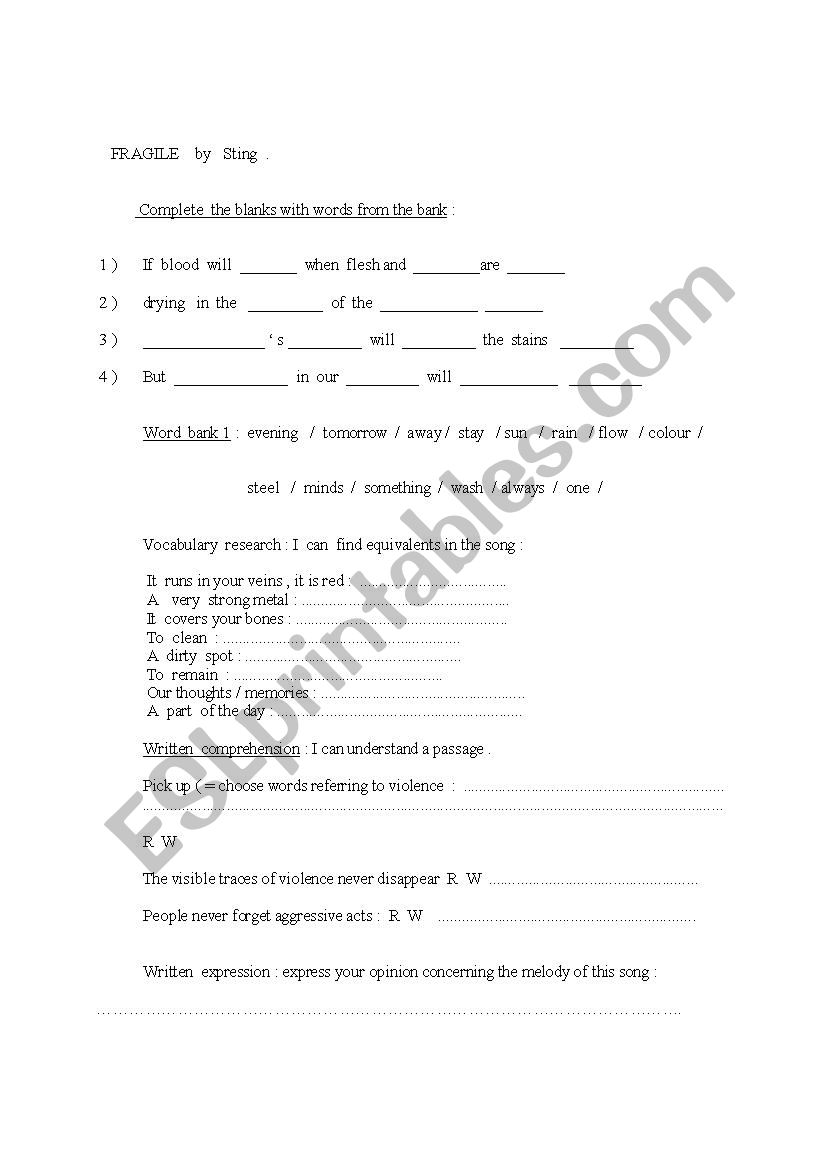 Fragile by Sting worksheet