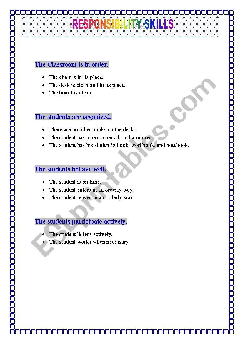 Responsibility skills worksheet