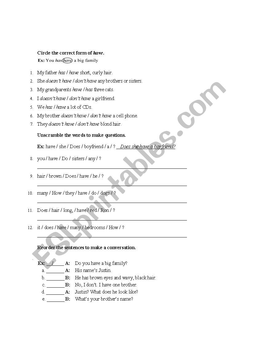 Have or has simple present worksheet