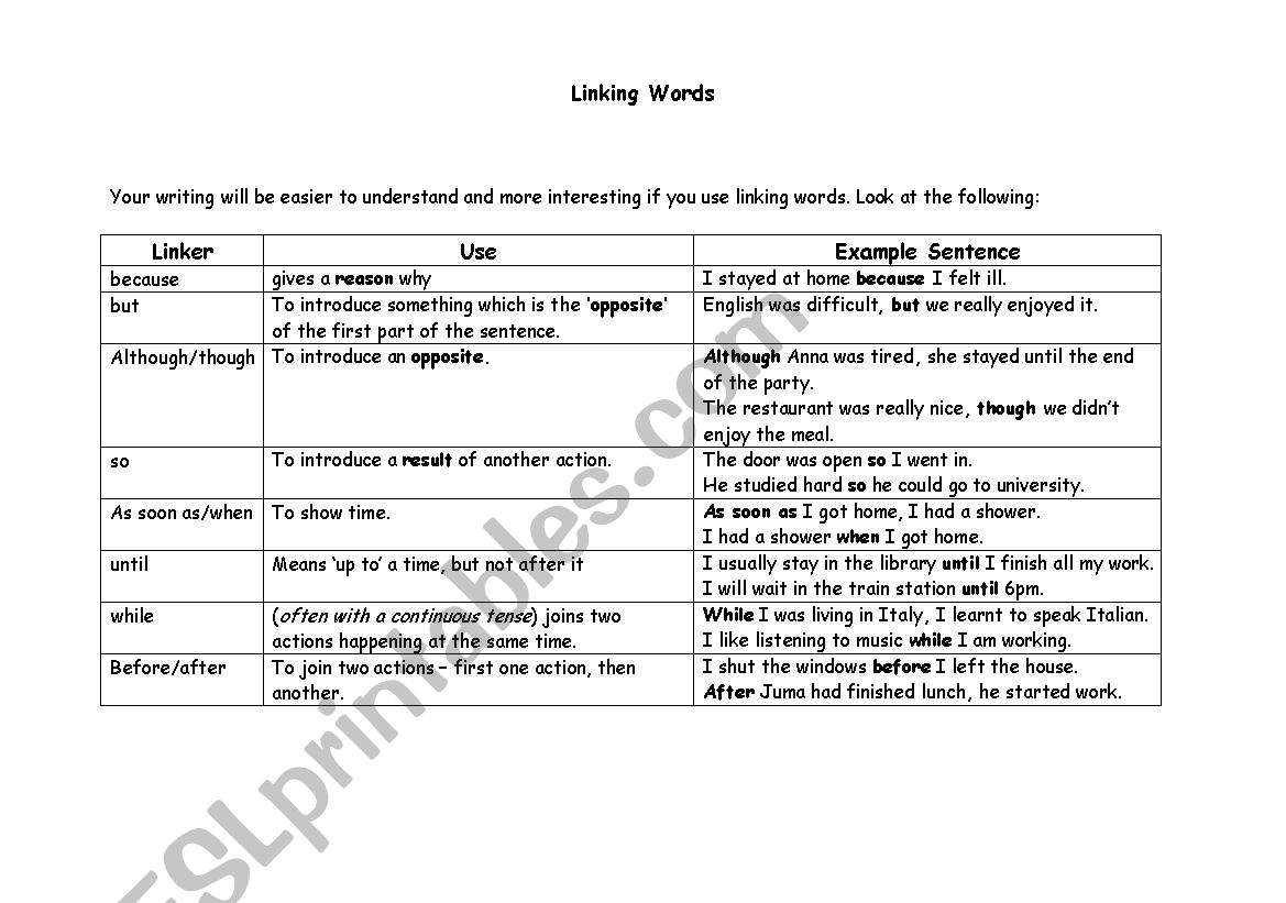 Link words worksheet