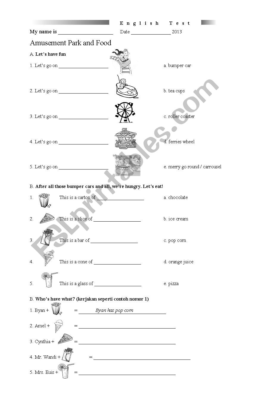 Amusement Park and food worksheet