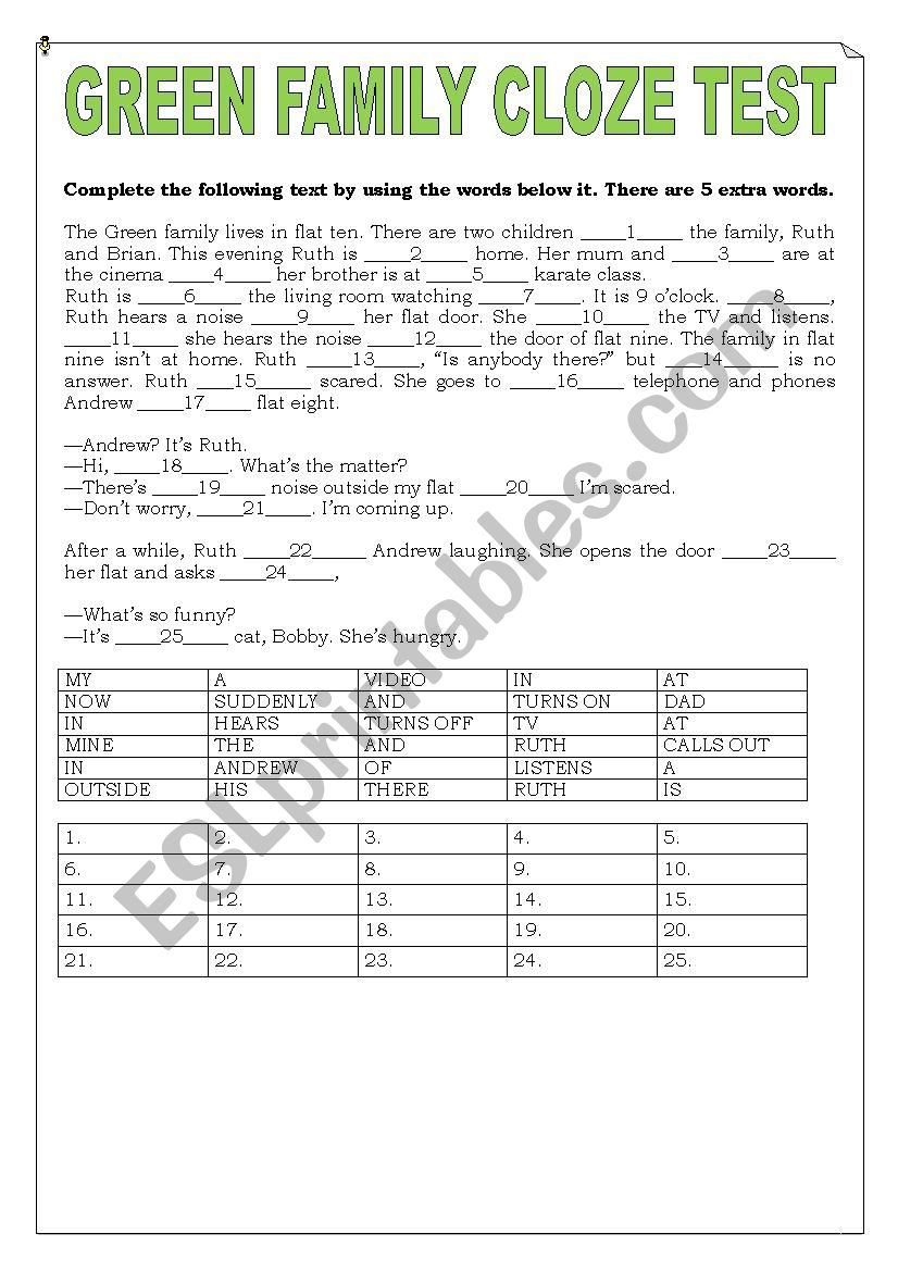 Green Family Cloze Test worksheet