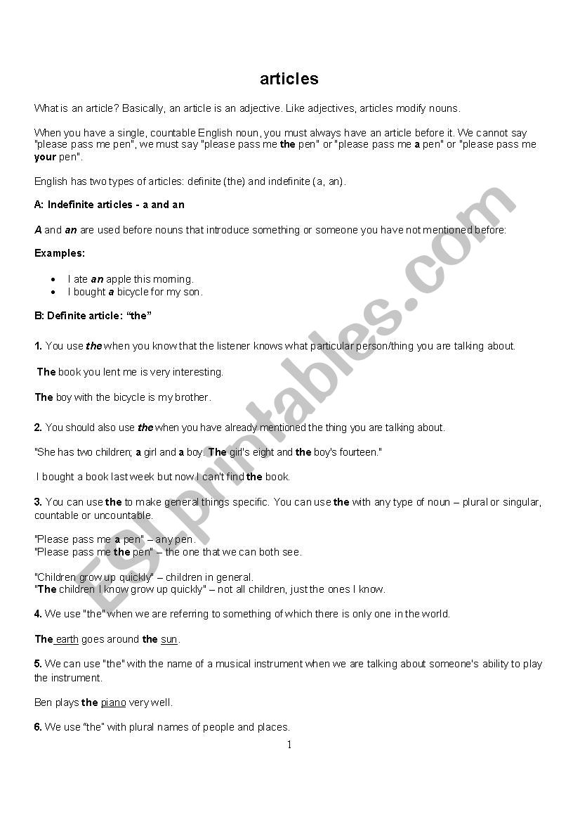 articles worksheet