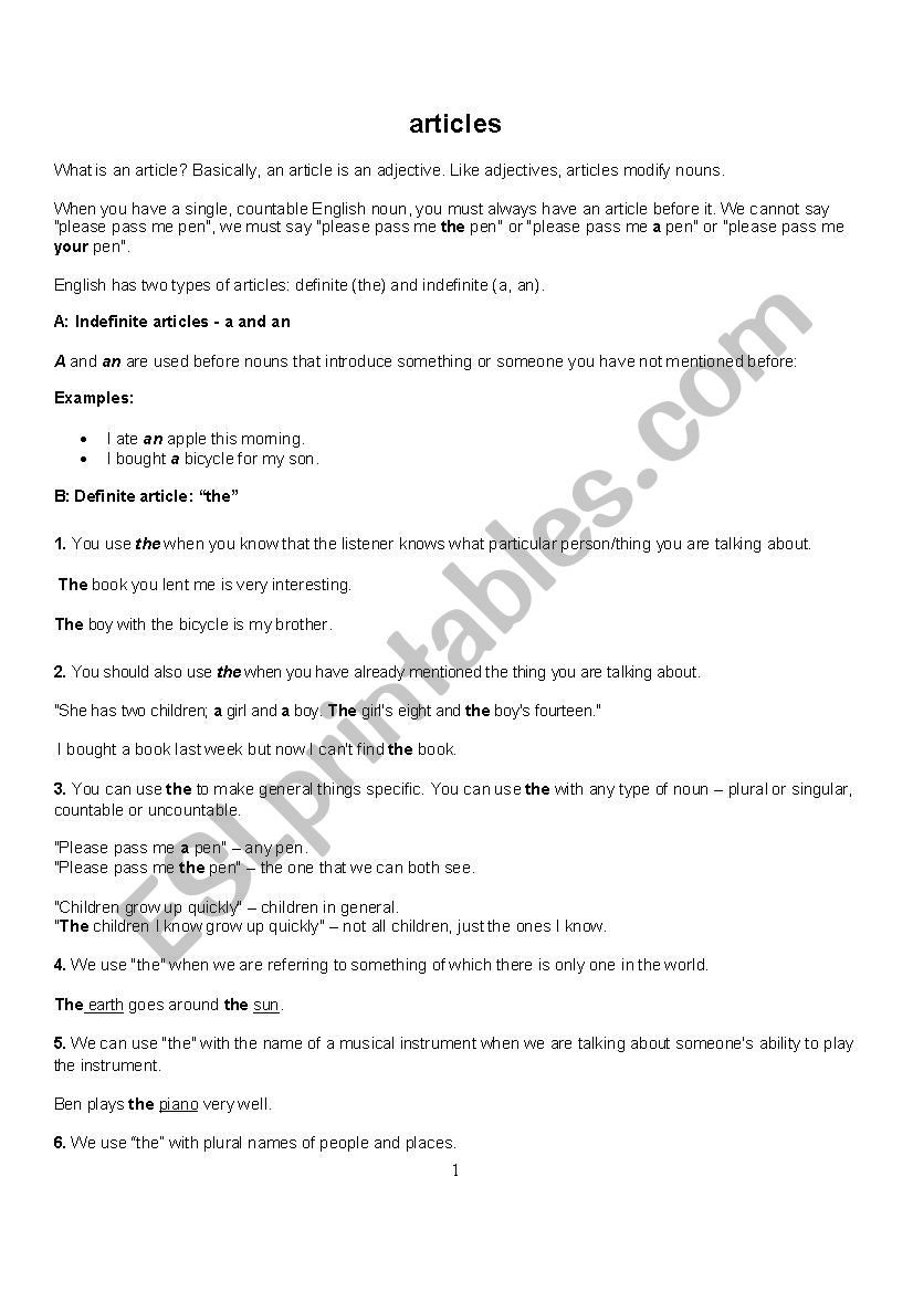 articles worksheet