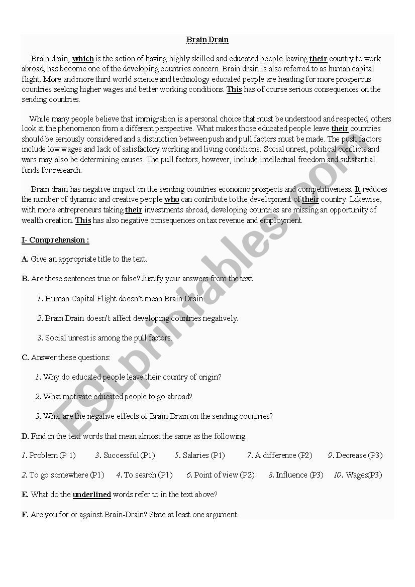 Brain Drain worksheet