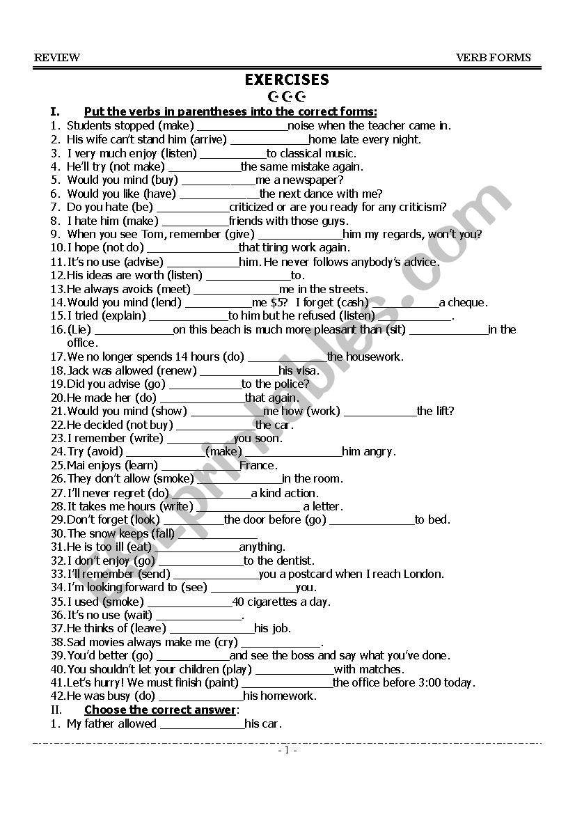 VERB FORMS worksheet