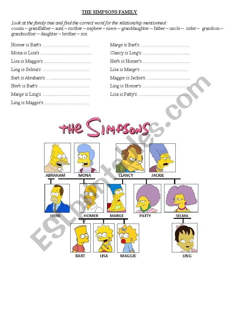 Simpsons family - vocabulary exercise