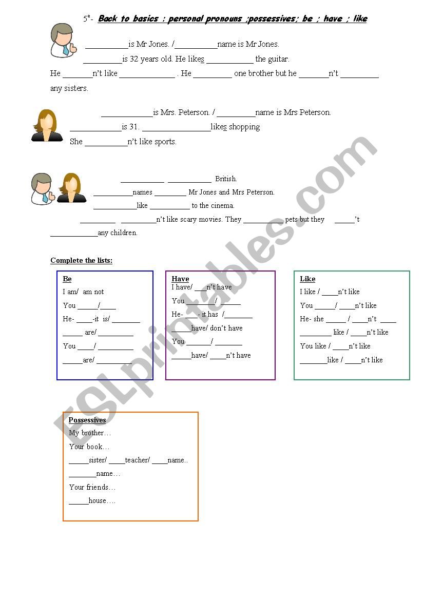 be- have- like- pronouns and possessives