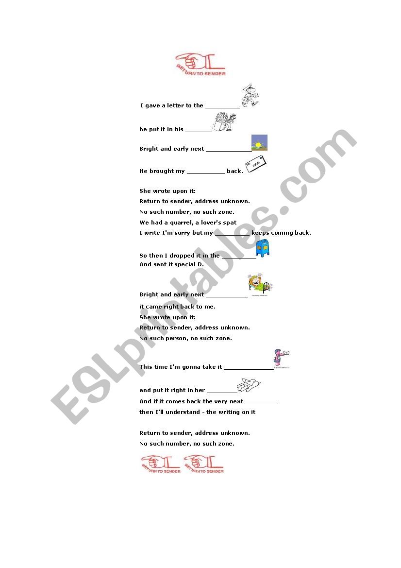 Elvissong : Return to sender worksheet