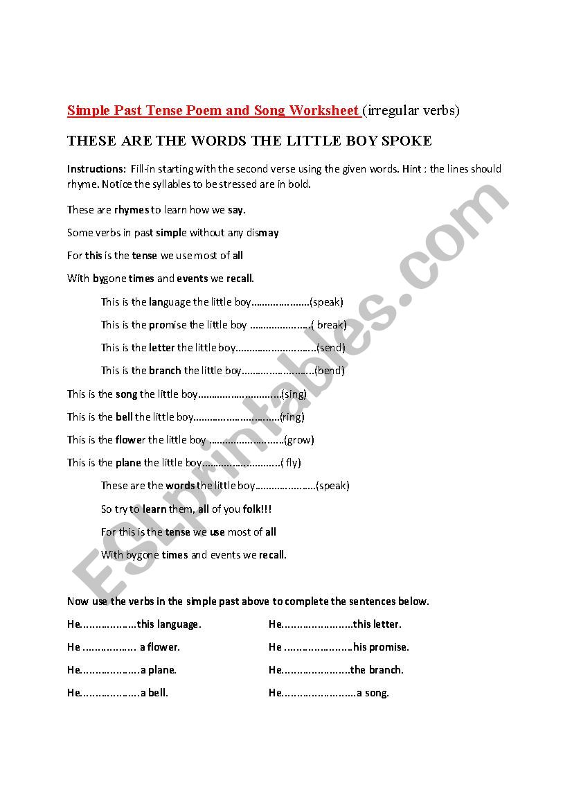 Simple Past Tense Poem and Song Worksheet (irregular verbs)