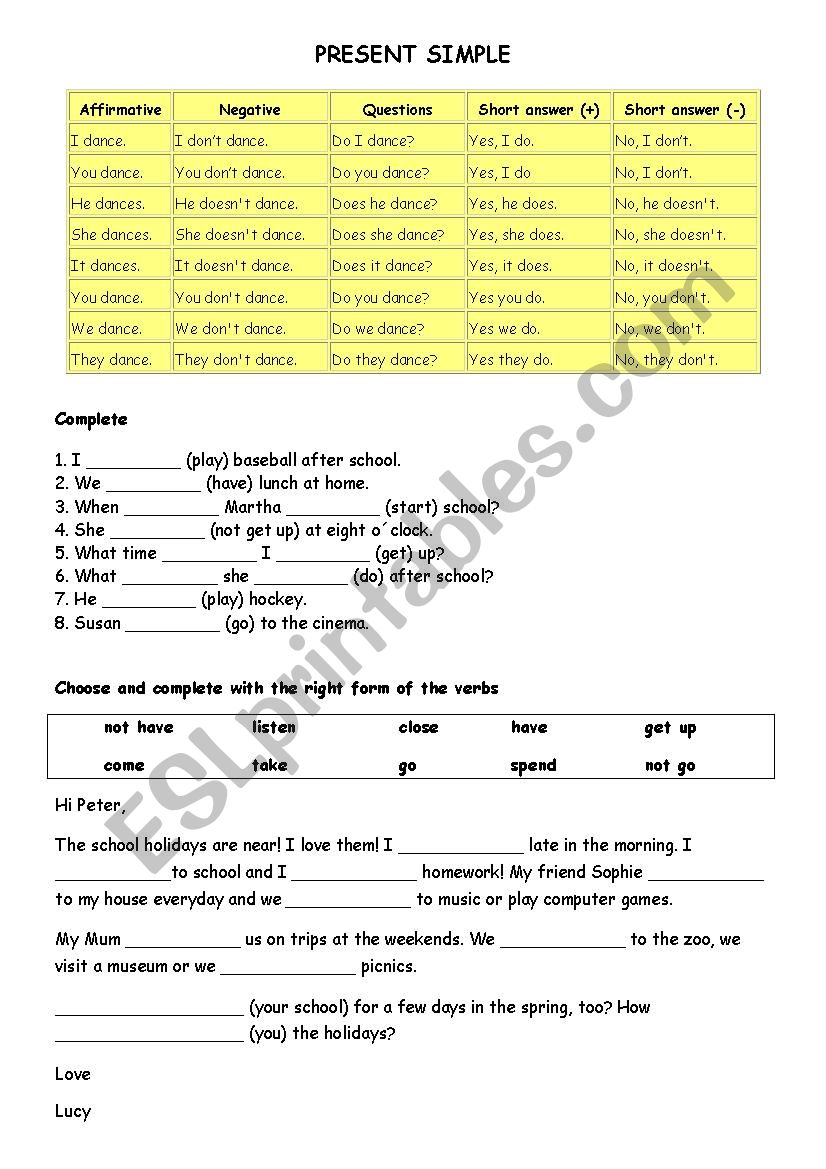 Present Dimple worksheet