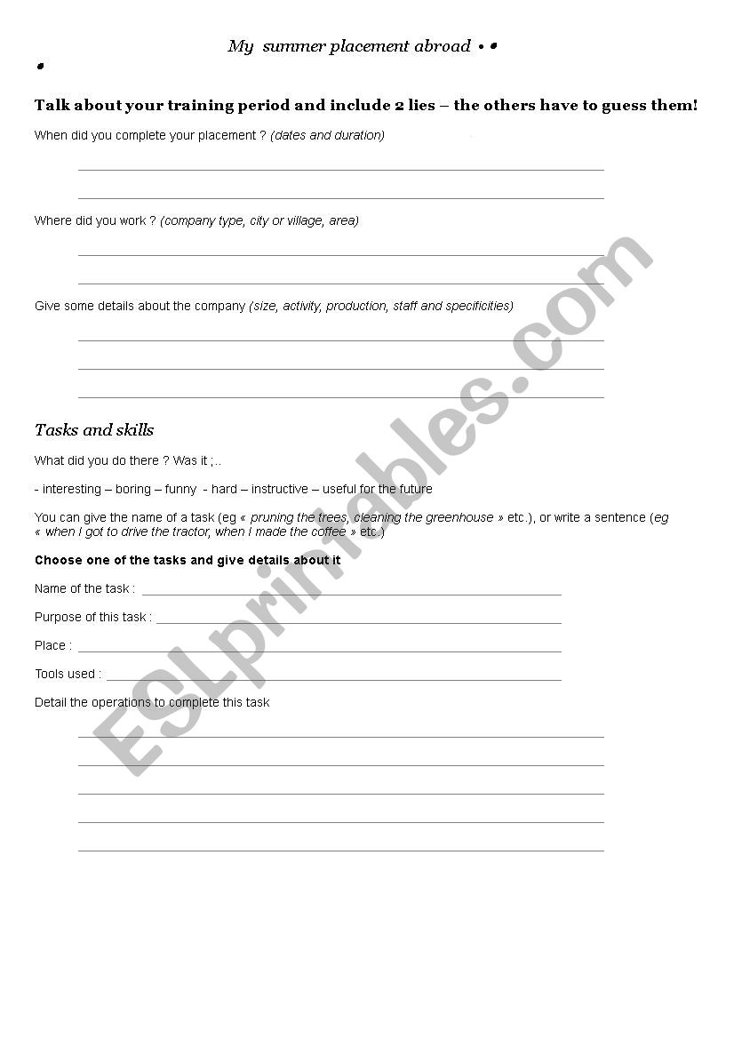 My summer placement abroad worksheet