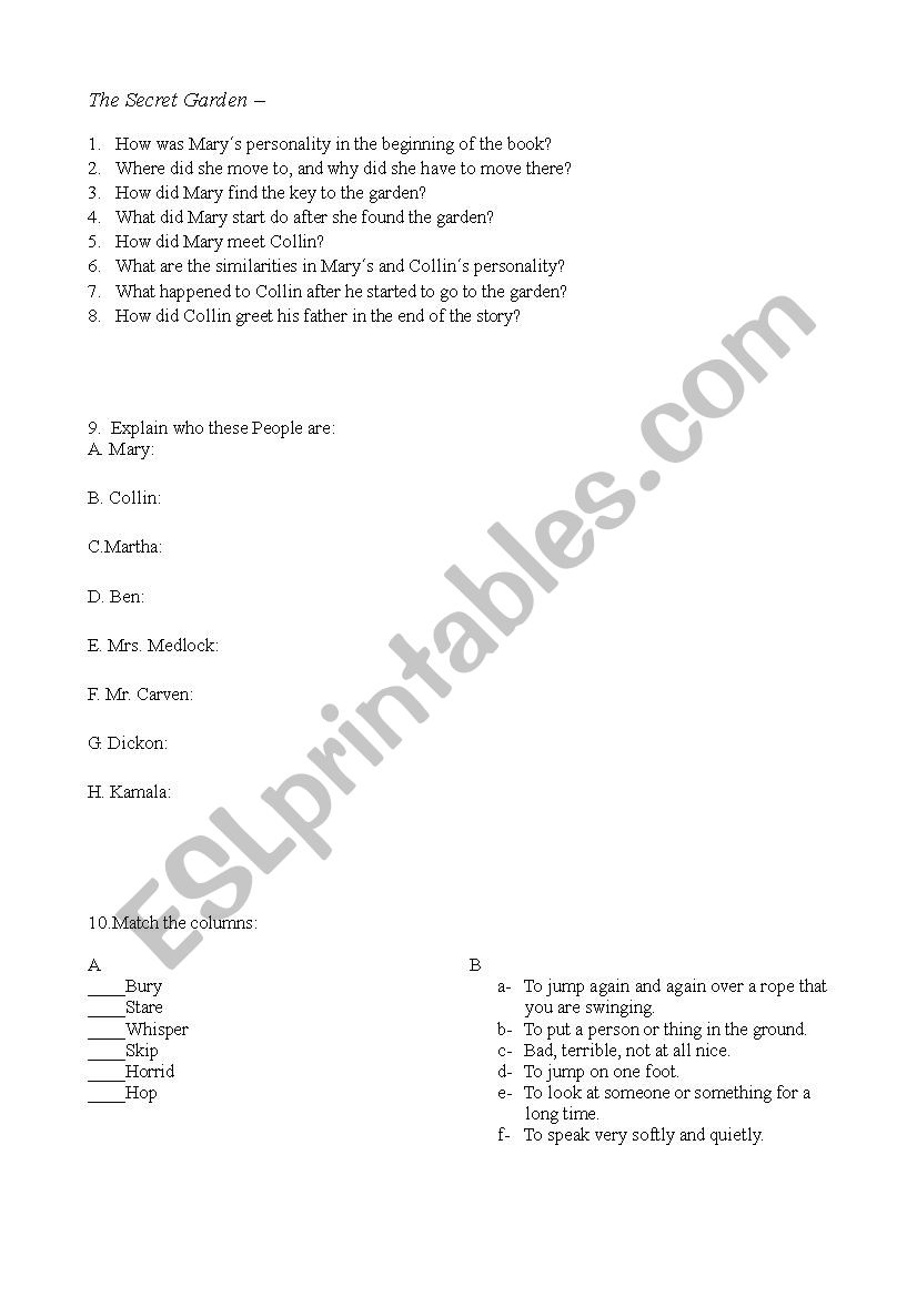 The Secret Garden exercise worksheet