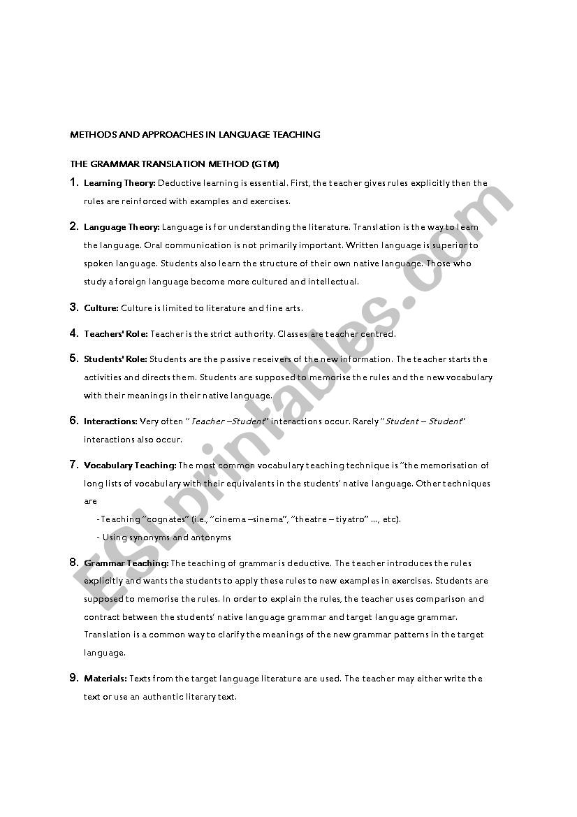 Methods of language teaching worksheet