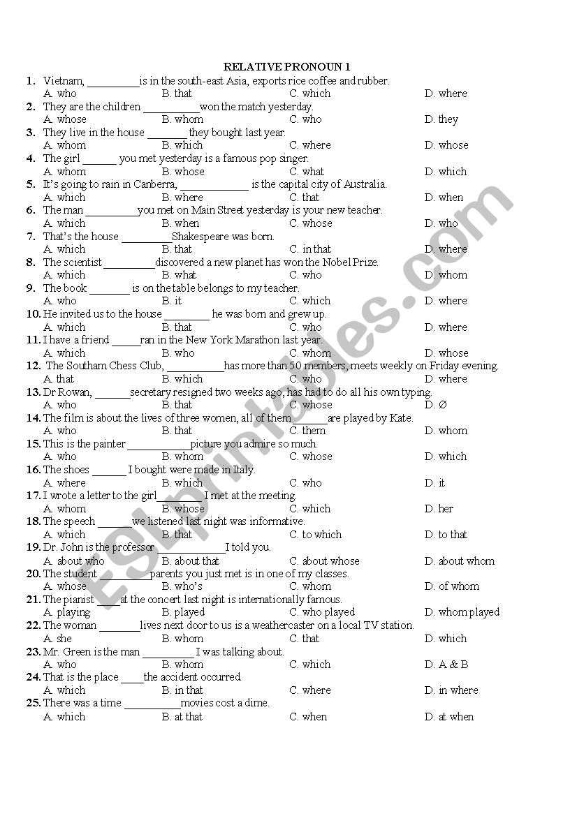 RELATIVE PRONOUN worksheet